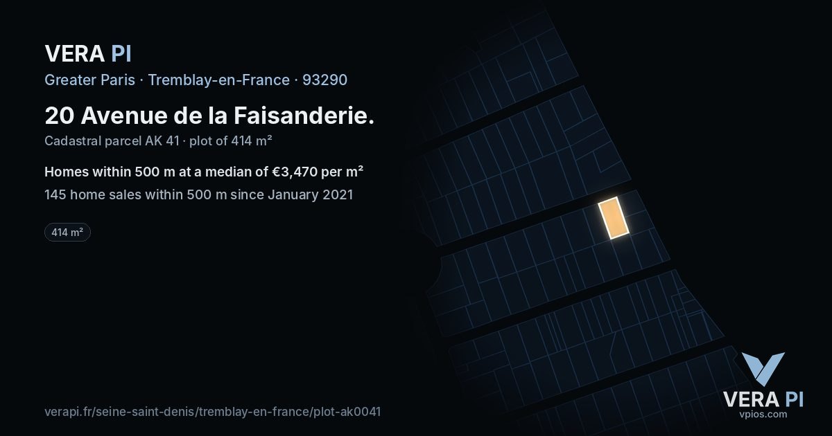 20 Avenue de la Faisanderie, Tremblay-en-France at night – the plot lit, the parcels around coloured by the prices near them