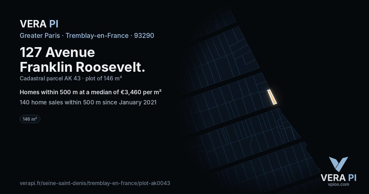 127 Avenue Franklin Roosevelt, Tremblay-en-France at night – the plot lit, the parcels around coloured by the prices near them