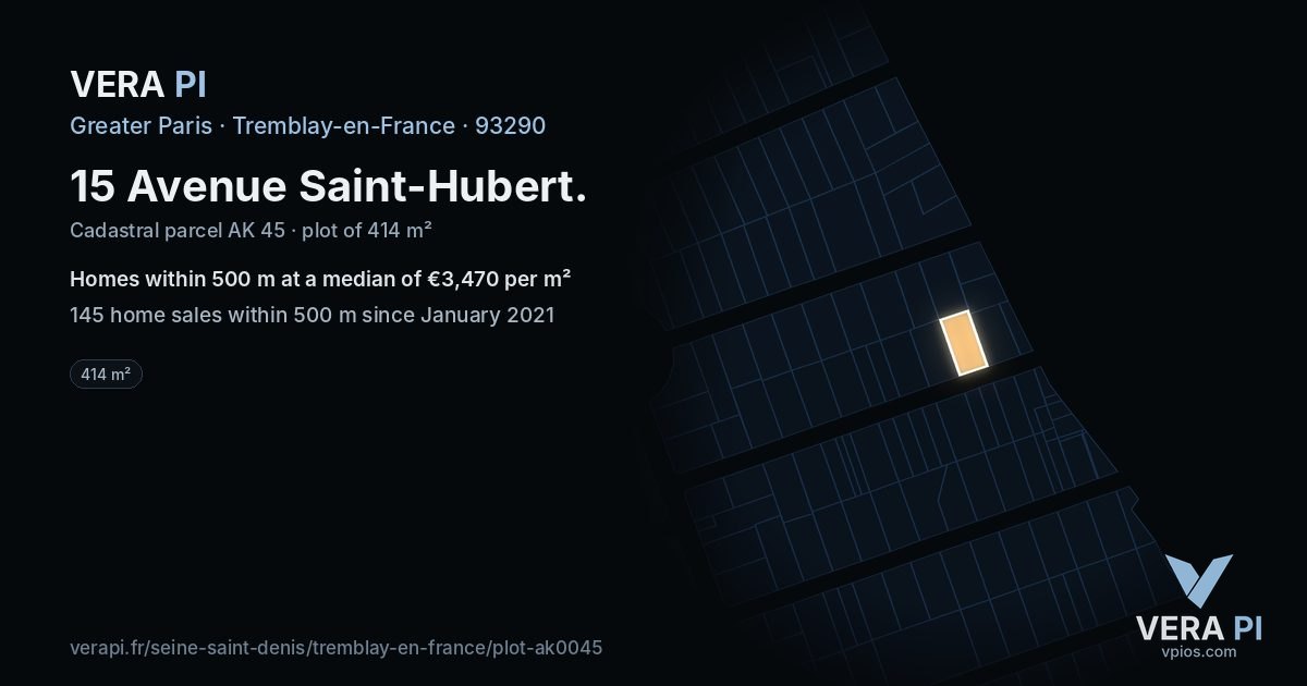 15 Avenue Saint-Hubert, Tremblay-en-France at night – the plot lit, the parcels around coloured by the prices near them