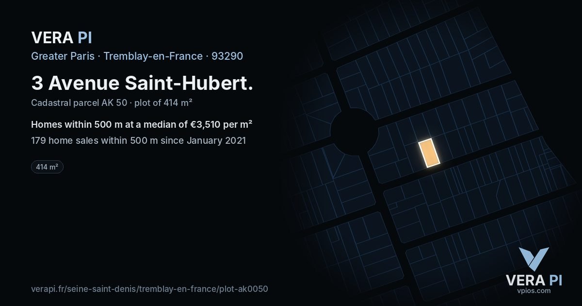 3 Avenue Saint-Hubert, Tremblay-en-France at night – the plot lit, the parcels around coloured by the prices near them