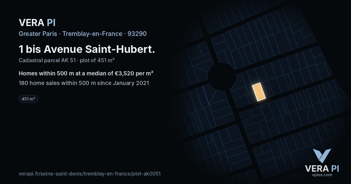 1 bis Avenue Saint-Hubert, Tremblay-en-France at night – the plot lit, the parcels around coloured by the prices near them