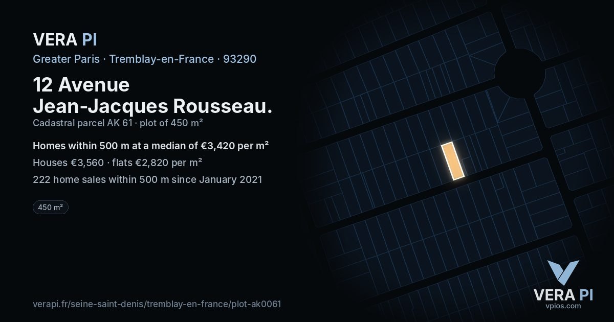 12 Avenue Jean-Jacques Rousseau, Tremblay-en-France at night – the plot lit, the parcels around coloured by the prices near them