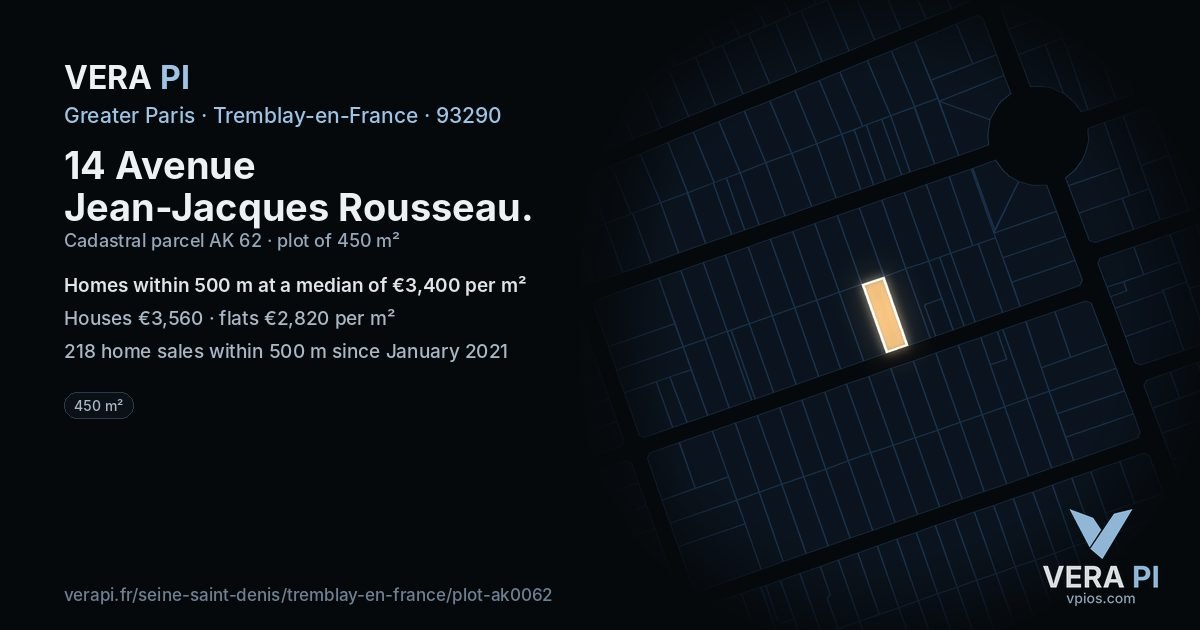 14 Avenue Jean-Jacques Rousseau, Tremblay-en-France at night – the plot lit, the parcels around coloured by the prices near them
