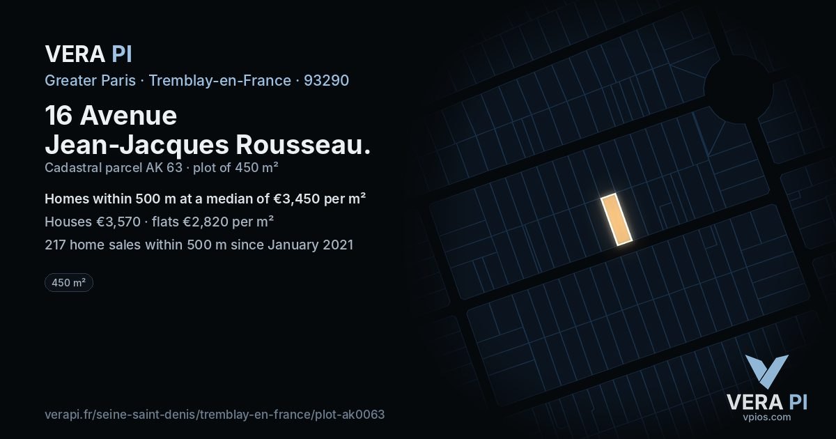 16 Avenue Jean-Jacques Rousseau, Tremblay-en-France at night – the plot lit, the parcels around coloured by the prices near them