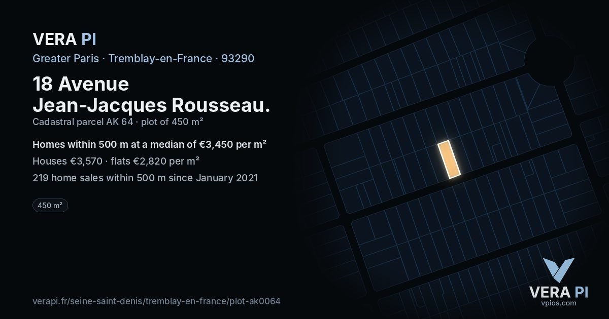 18 Avenue Jean-Jacques Rousseau, Tremblay-en-France at night – the plot lit, the parcels around coloured by the prices near them