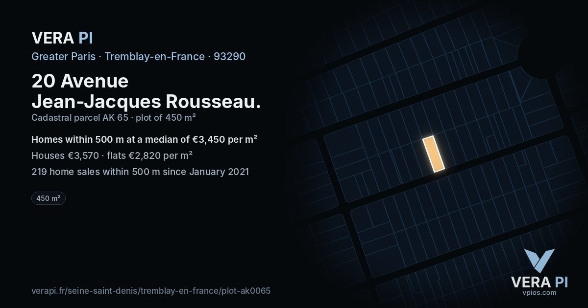 20 Avenue Jean-Jacques Rousseau, Tremblay-en-France at night – the plot lit, the parcels around coloured by the prices near them