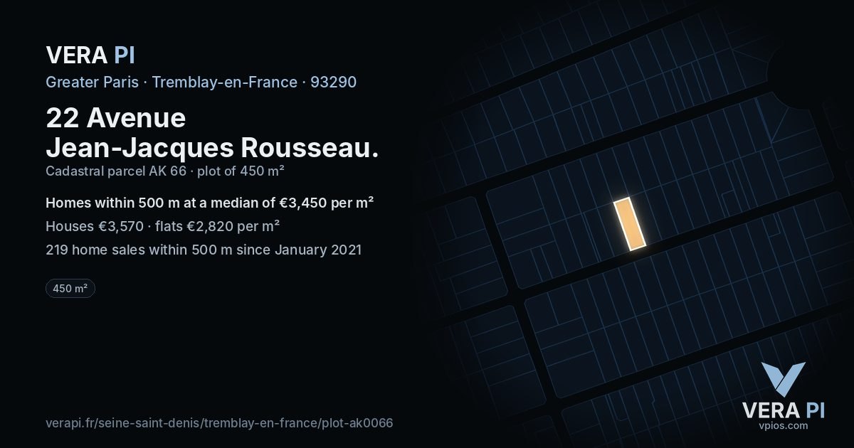 22 Avenue Jean-Jacques Rousseau, Tremblay-en-France at night – the plot lit, the parcels around coloured by the prices near them