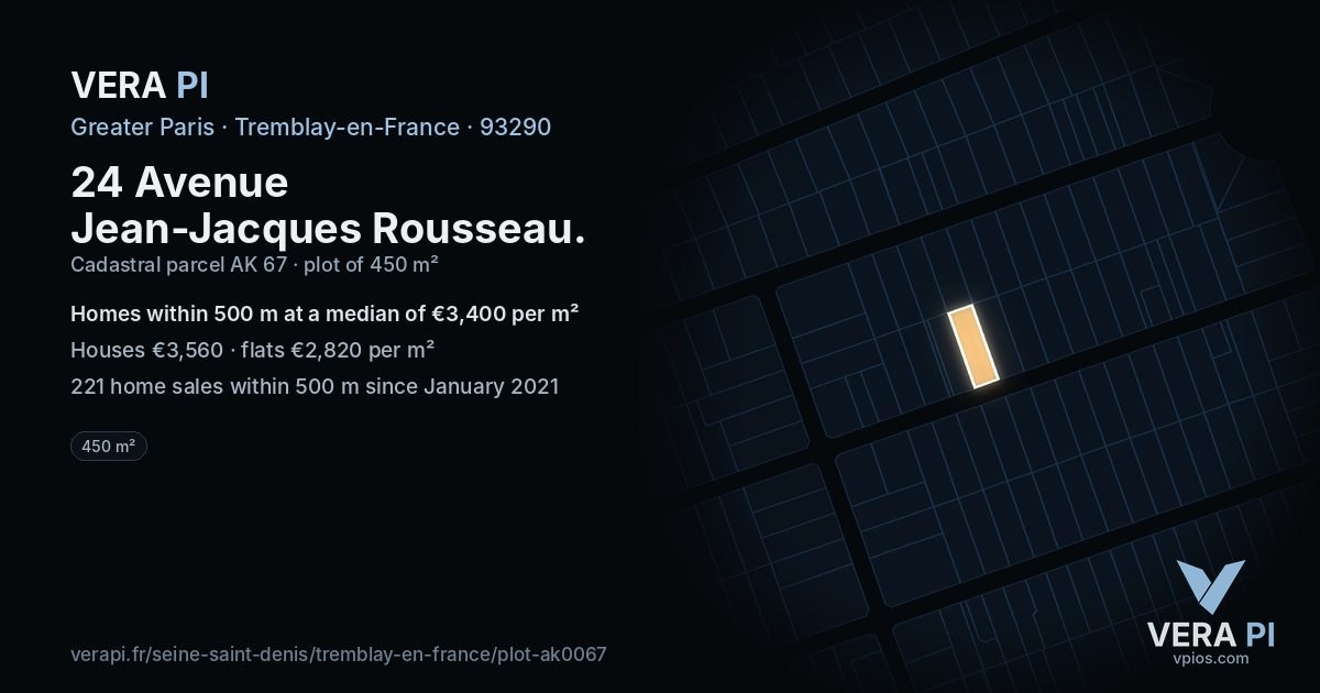 24 Avenue Jean-Jacques Rousseau, Tremblay-en-France at night – the plot lit, the parcels around coloured by the prices near them