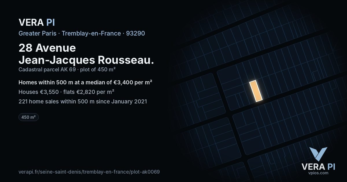 28 Avenue Jean-Jacques Rousseau, Tremblay-en-France at night – the plot lit, the parcels around coloured by the prices near them