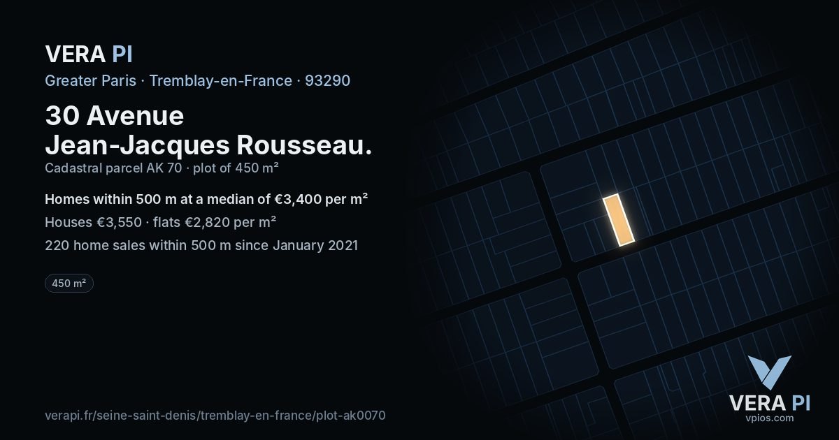 30 Avenue Jean-Jacques Rousseau, Tremblay-en-France at night – the plot lit, the parcels around coloured by the prices near them