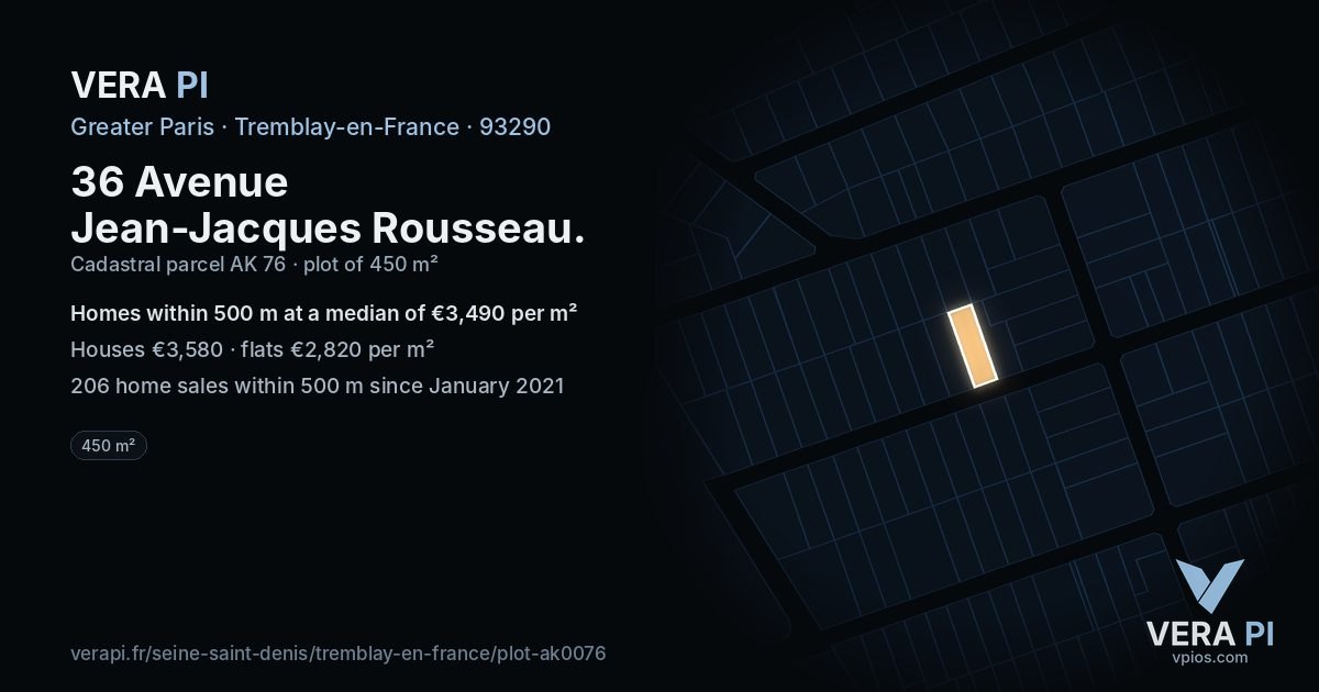 36 Avenue Jean-Jacques Rousseau, Tremblay-en-France at night – the plot lit, the parcels around coloured by the prices near them