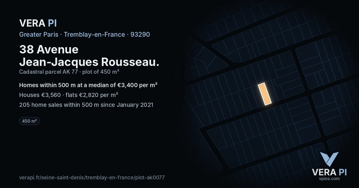 38 Avenue Jean-Jacques Rousseau, Tremblay-en-France at night – the plot lit, the parcels around coloured by the prices near them
