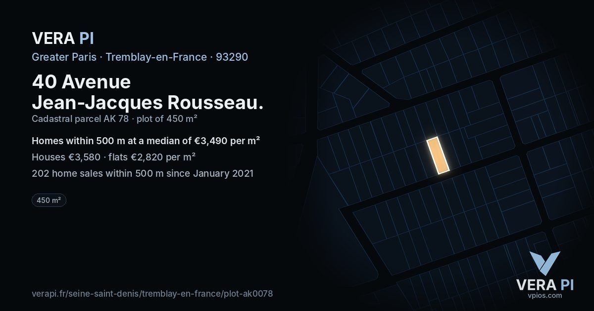 40 Avenue Jean-Jacques Rousseau, Tremblay-en-France at night – the plot lit, the parcels around coloured by the prices near them