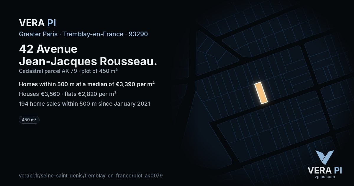 42 Avenue Jean-Jacques Rousseau, Tremblay-en-France at night – the plot lit, the parcels around coloured by the prices near them
