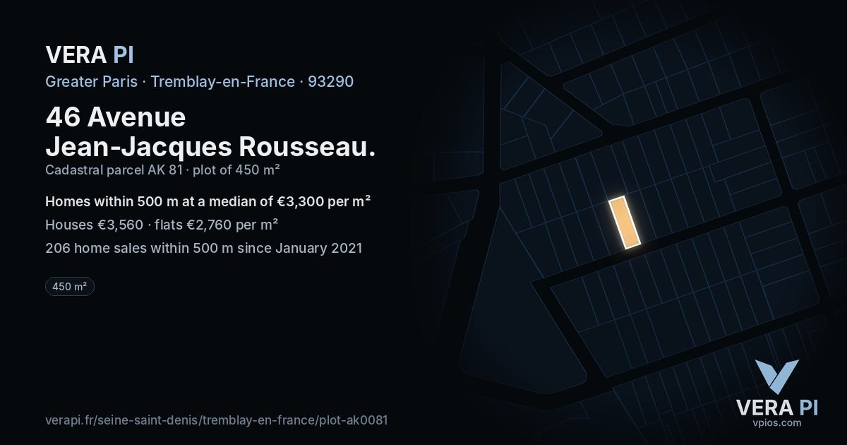 46 Avenue Jean-Jacques Rousseau, Tremblay-en-France at night – the plot lit, the parcels around coloured by the prices near them