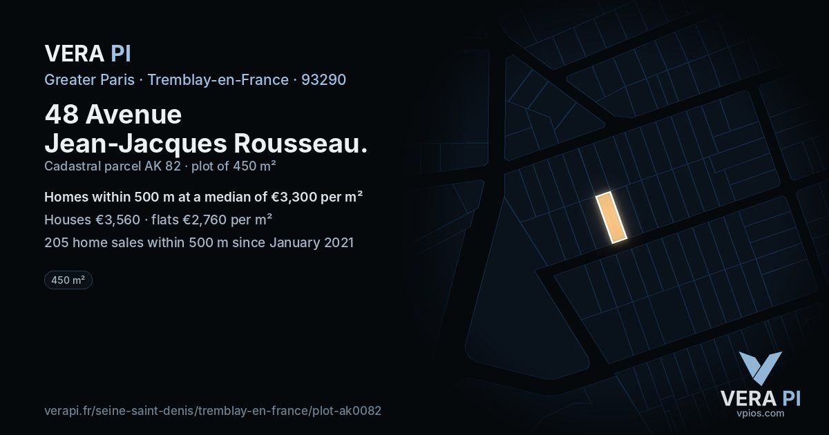 48 Avenue Jean-Jacques Rousseau, Tremblay-en-France at night – the plot lit, the parcels around coloured by the prices near them