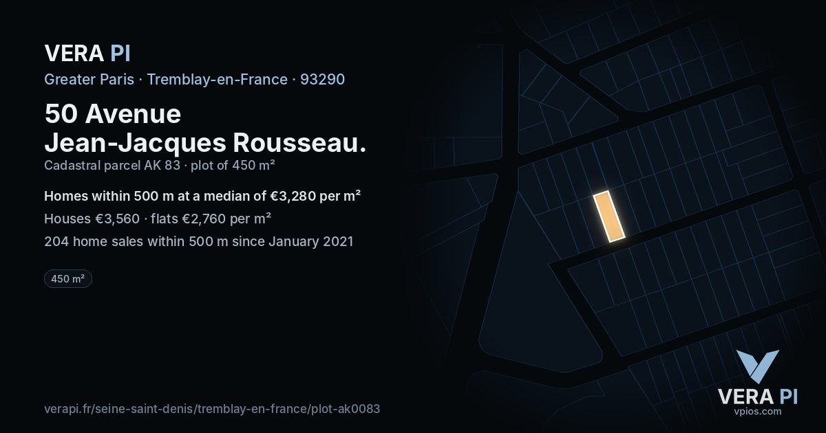 50 Avenue Jean-Jacques Rousseau, Tremblay-en-France at night – the plot lit, the parcels around coloured by the prices near them