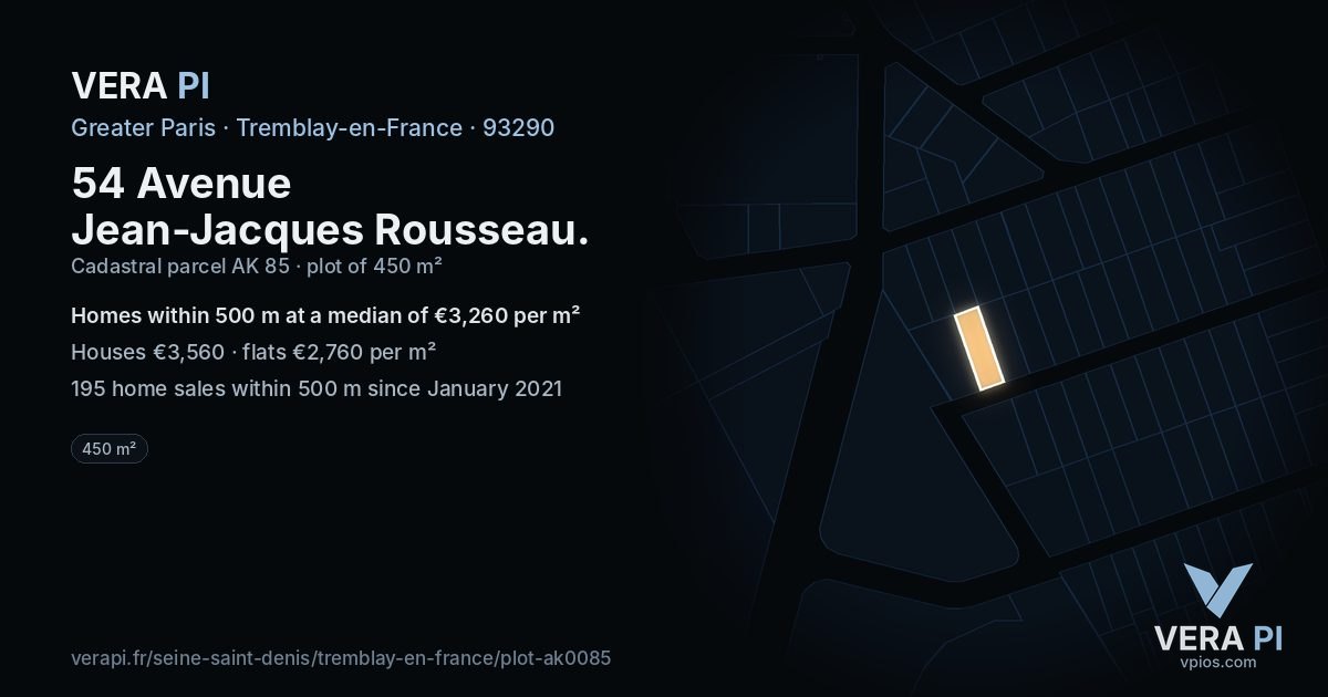 54 Avenue Jean-Jacques Rousseau, Tremblay-en-France at night – the plot lit, the parcels around coloured by the prices near them