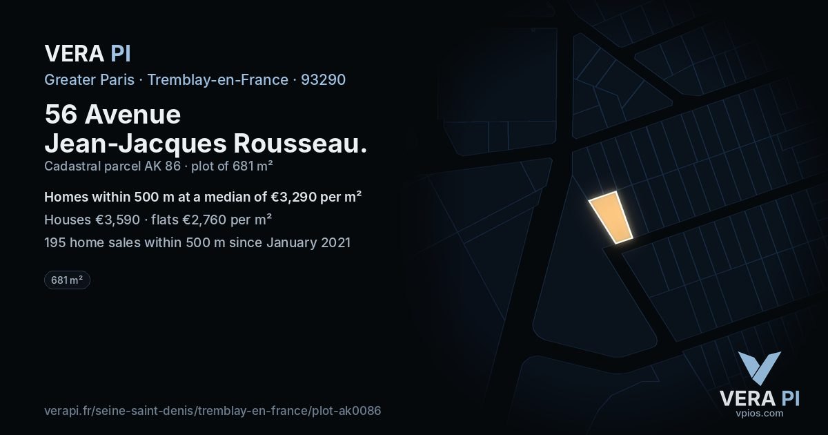 56 Avenue Jean-Jacques Rousseau, Tremblay-en-France at night – the plot lit, the parcels around coloured by the prices near them