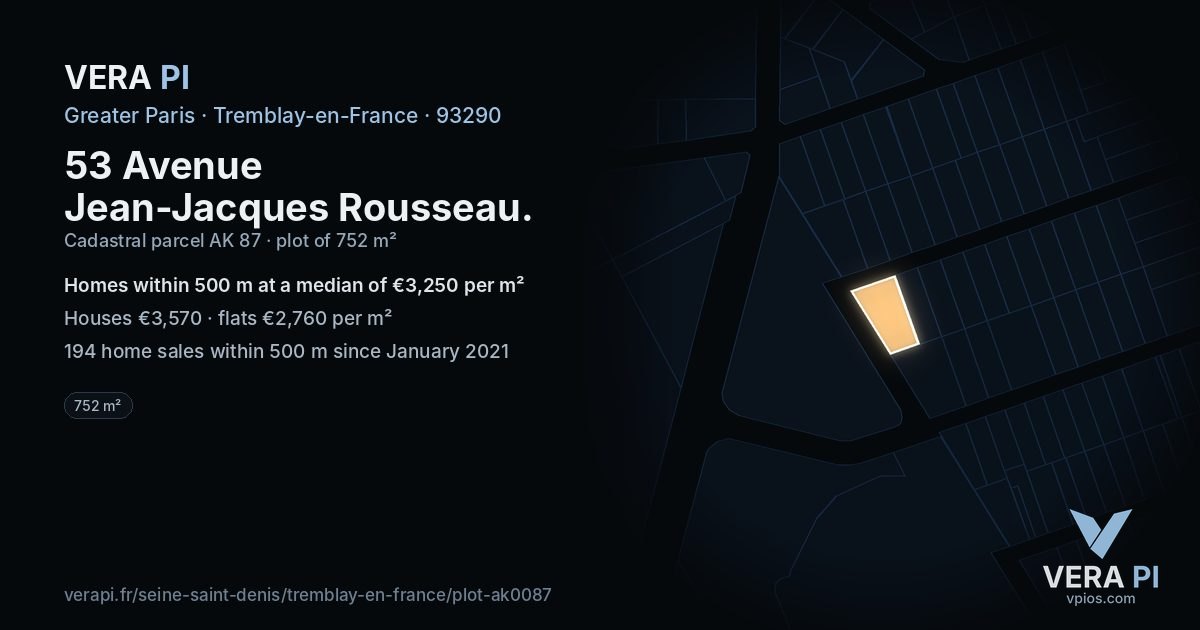 53 Avenue Jean-Jacques Rousseau, Tremblay-en-France at night – the plot lit, the parcels around coloured by the prices near them