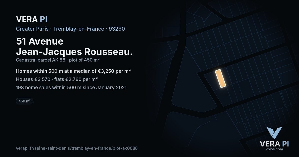 51 Avenue Jean-Jacques Rousseau, Tremblay-en-France at night – the plot lit, the parcels around coloured by the prices near them