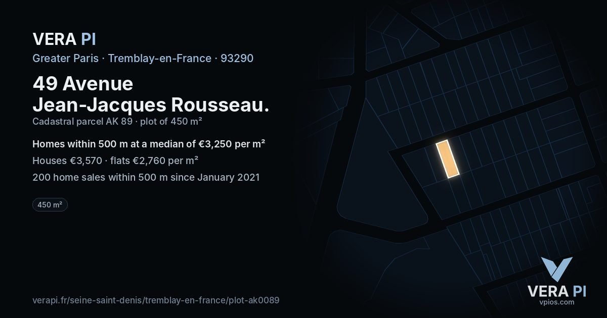 49 Avenue Jean-Jacques Rousseau, Tremblay-en-France at night – the plot lit, the parcels around coloured by the prices near them
