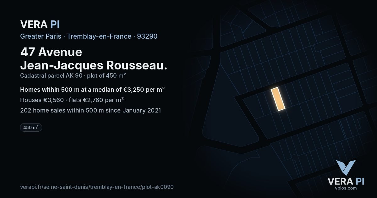 47 Avenue Jean-Jacques Rousseau, Tremblay-en-France at night – the plot lit, the parcels around coloured by the prices near them