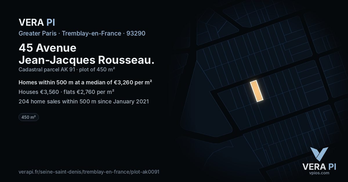 45 Avenue Jean-Jacques Rousseau, Tremblay-en-France at night – the plot lit, the parcels around coloured by the prices near them