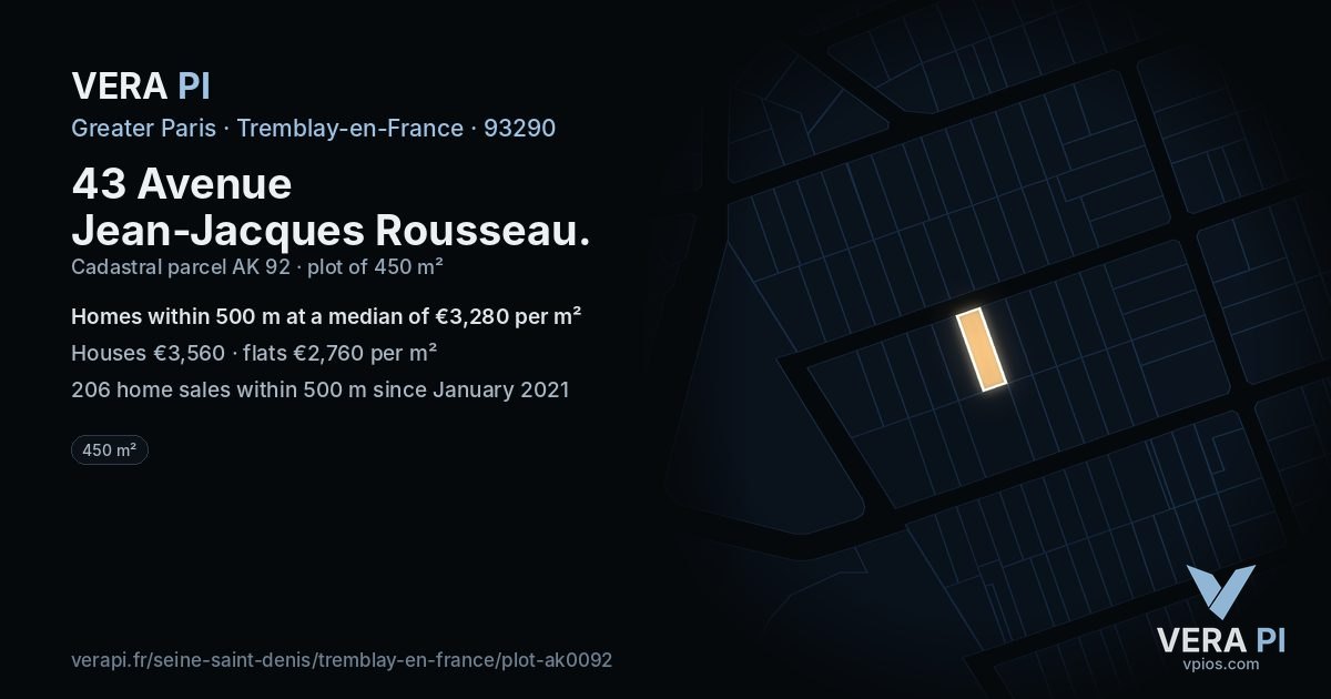 43 Avenue Jean-Jacques Rousseau, Tremblay-en-France at night – the plot lit, the parcels around coloured by the prices near them