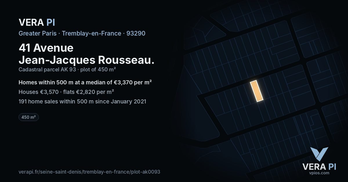 41 Avenue Jean-Jacques Rousseau, Tremblay-en-France at night – the plot lit, the parcels around coloured by the prices near them