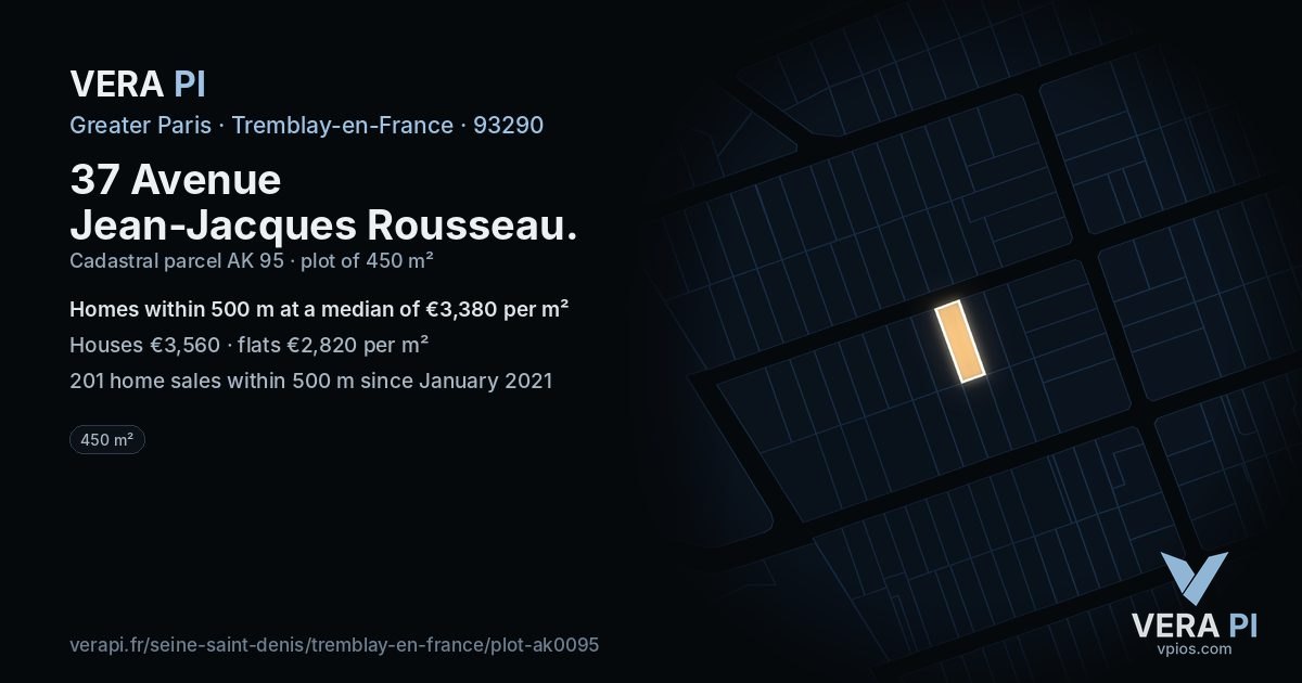 37 Avenue Jean-Jacques Rousseau, Tremblay-en-France at night – the plot lit, the parcels around coloured by the prices near them