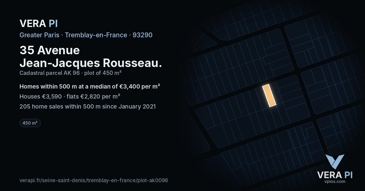 35 Avenue Jean-Jacques Rousseau, Tremblay-en-France at night – the plot lit, the parcels around coloured by the prices near them