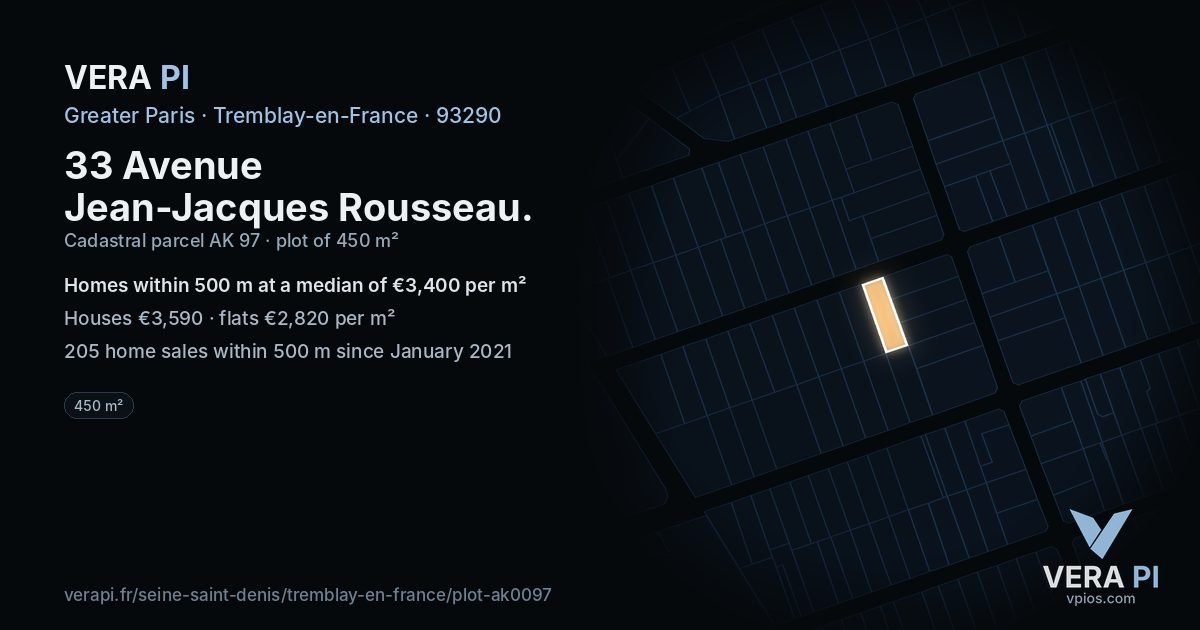 33 Avenue Jean-Jacques Rousseau, Tremblay-en-France at night – the plot lit, the parcels around coloured by the prices near them