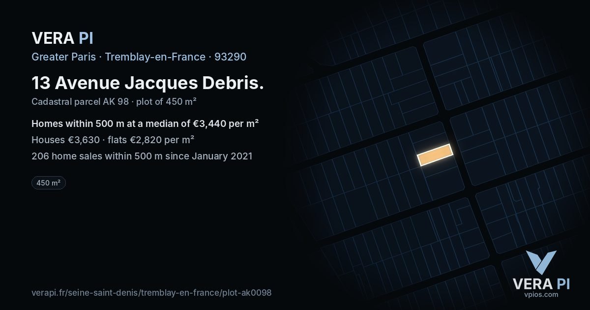 13 Avenue Jacques Debris, Tremblay-en-France at night – the plot lit, the parcels around coloured by the prices near them
