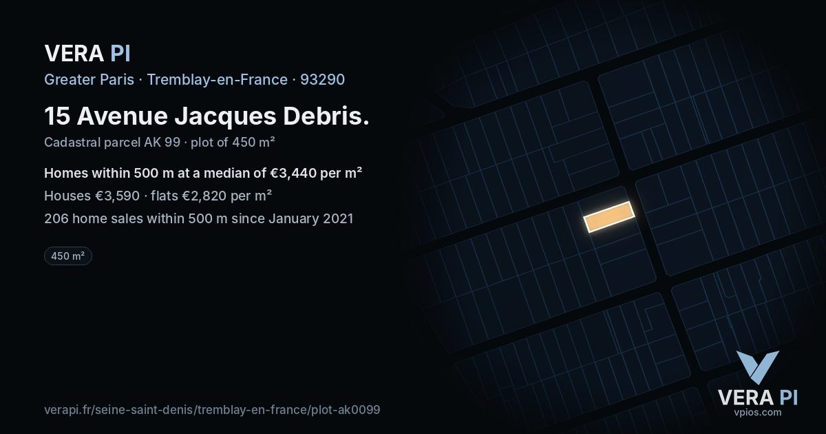 15 Avenue Jacques Debris, Tremblay-en-France at night – the plot lit, the parcels around coloured by the prices near them