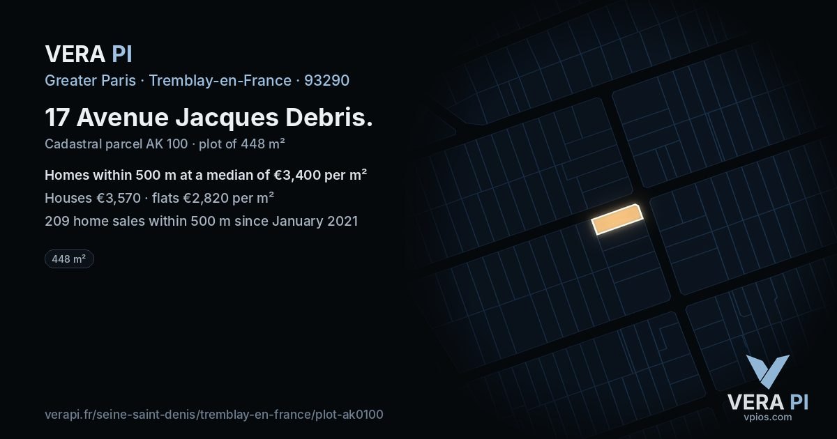 17 Avenue Jacques Debris, Tremblay-en-France at night – the plot lit, the parcels around coloured by the prices near them