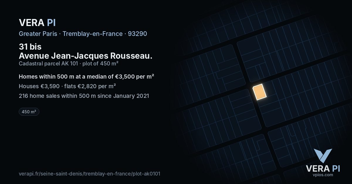 31 bis Avenue Jean-Jacques Rousseau, Tremblay-en-France at night – the plot lit, the parcels around coloured by the prices near them
