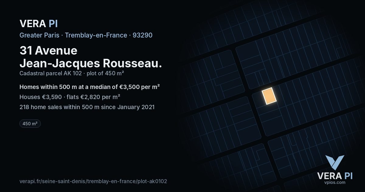 31 Avenue Jean-Jacques Rousseau, Tremblay-en-France at night – the plot lit, the parcels around coloured by the prices near them