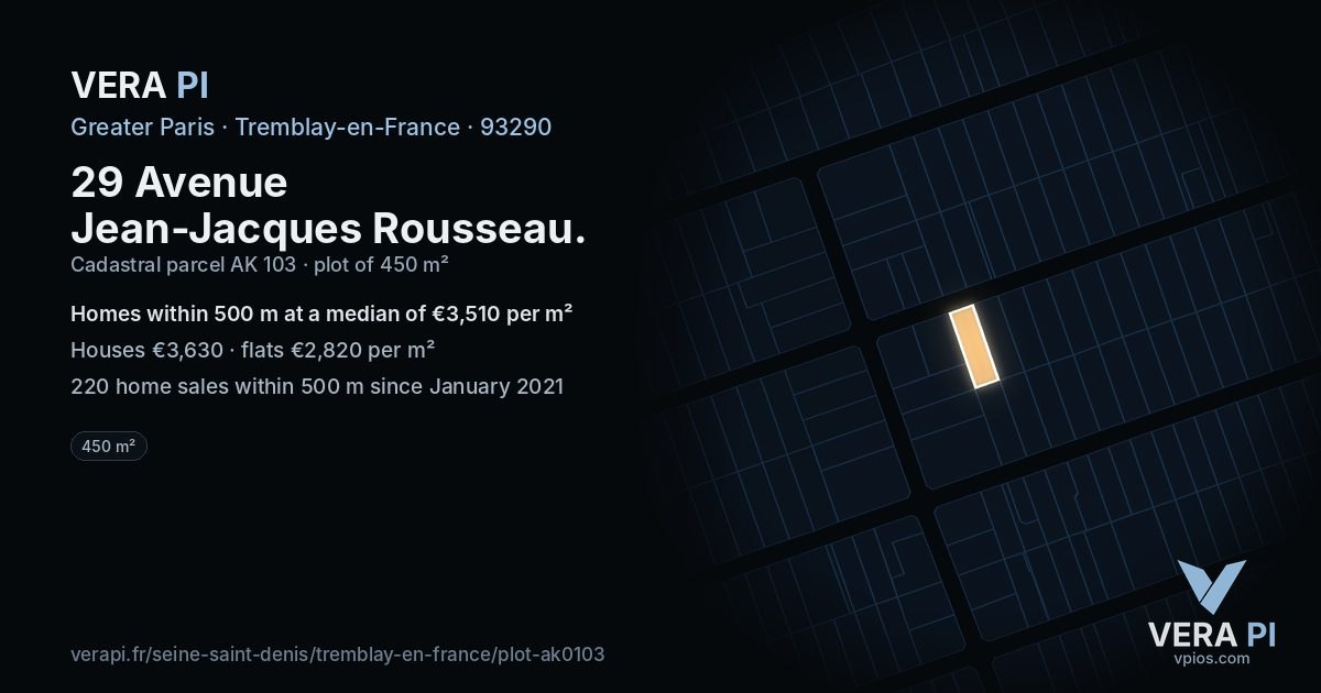 29 Avenue Jean-Jacques Rousseau, Tremblay-en-France at night – the plot lit, the parcels around coloured by the prices near them