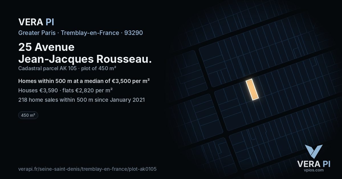 25 Avenue Jean-Jacques Rousseau, Tremblay-en-France at night – the plot lit, the parcels around coloured by the prices near them