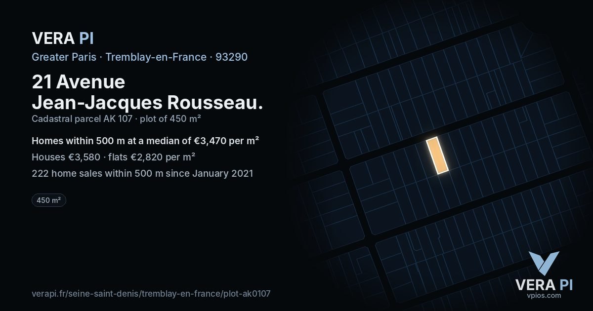 21 Avenue Jean-Jacques Rousseau, Tremblay-en-France at night – the plot lit, the parcels around coloured by the prices near them