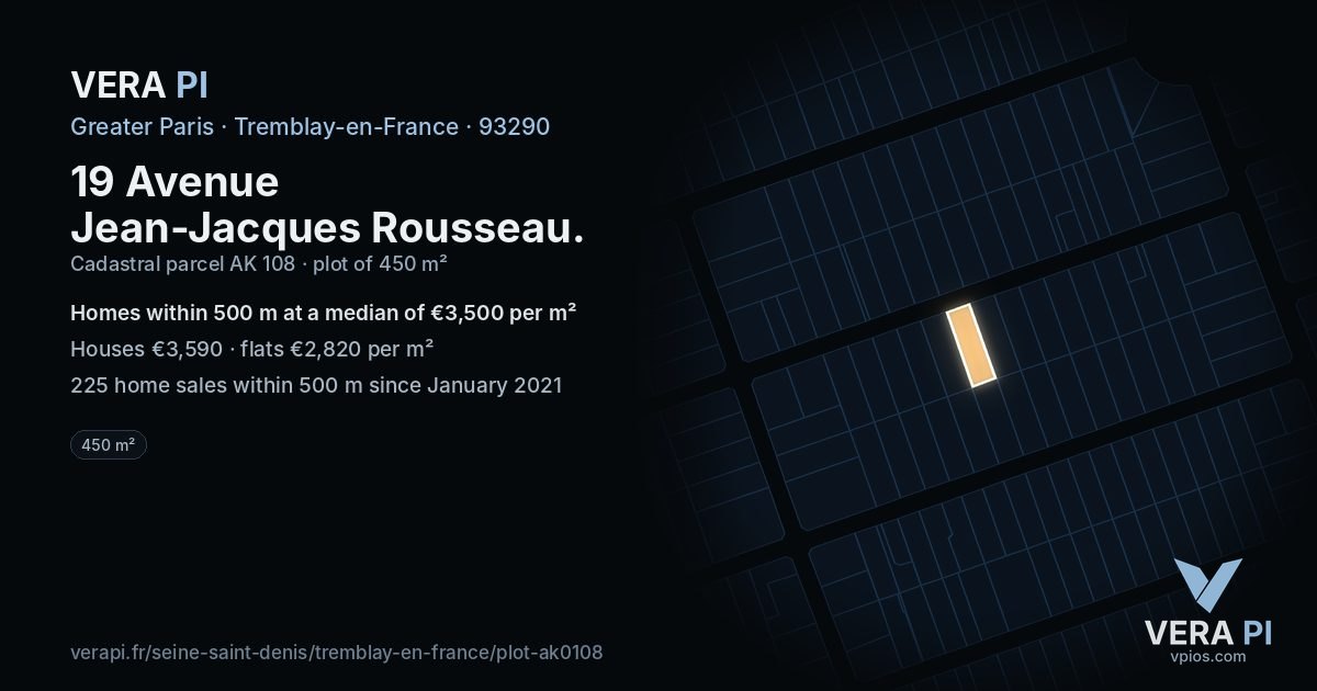 19 Avenue Jean-Jacques Rousseau, Tremblay-en-France at night – the plot lit, the parcels around coloured by the prices near them