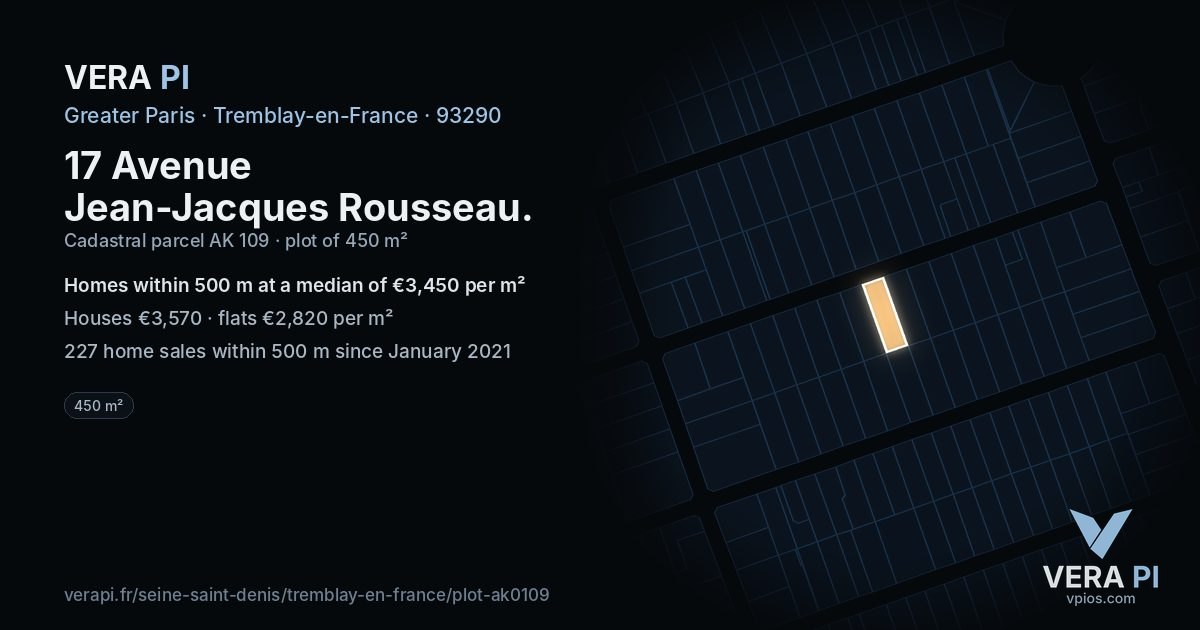 17 Avenue Jean-Jacques Rousseau, Tremblay-en-France at night – the plot lit, the parcels around coloured by the prices near them