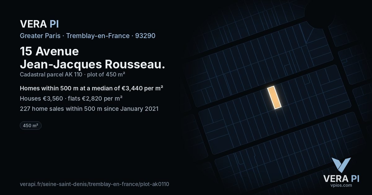 15 Avenue Jean-Jacques Rousseau, Tremblay-en-France at night – the plot lit, the parcels around coloured by the prices near them