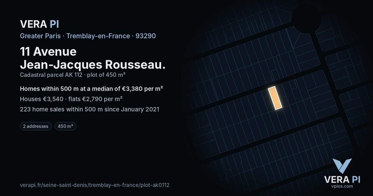 11 Avenue Jean-Jacques Rousseau, Tremblay-en-France at night – the plot lit, the parcels around coloured by the prices near them