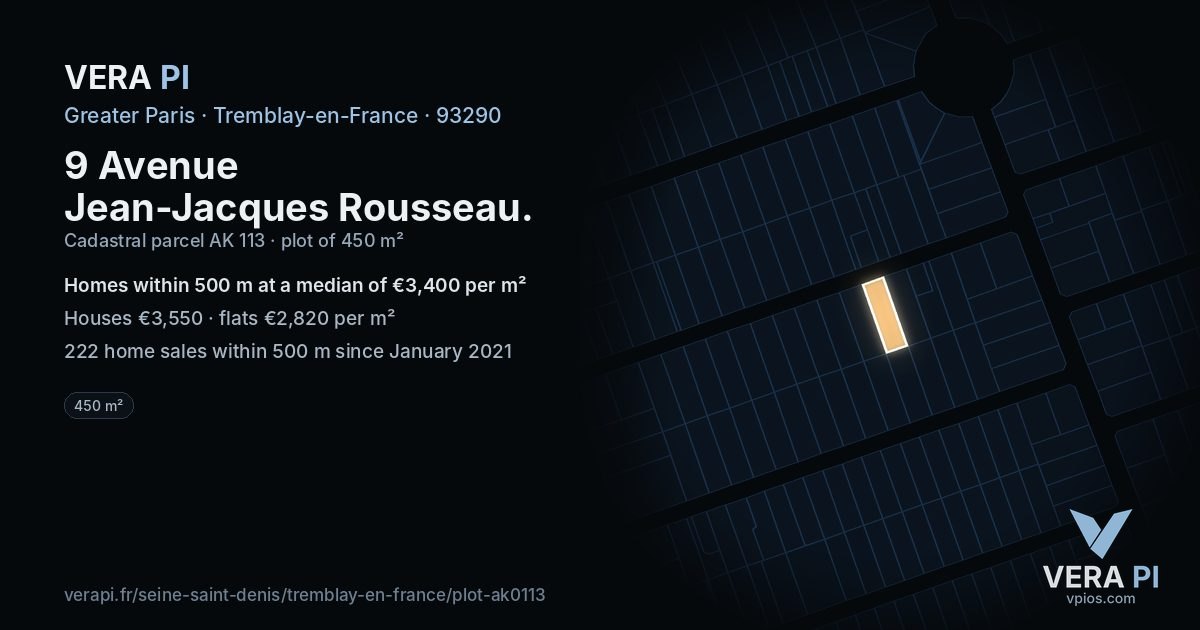 9 Avenue Jean-Jacques Rousseau, Tremblay-en-France at night – the plot lit, the parcels around coloured by the prices near them