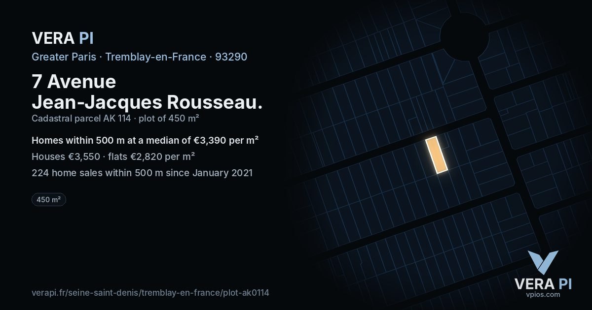7 Avenue Jean-Jacques Rousseau, Tremblay-en-France at night – the plot lit, the parcels around coloured by the prices near them