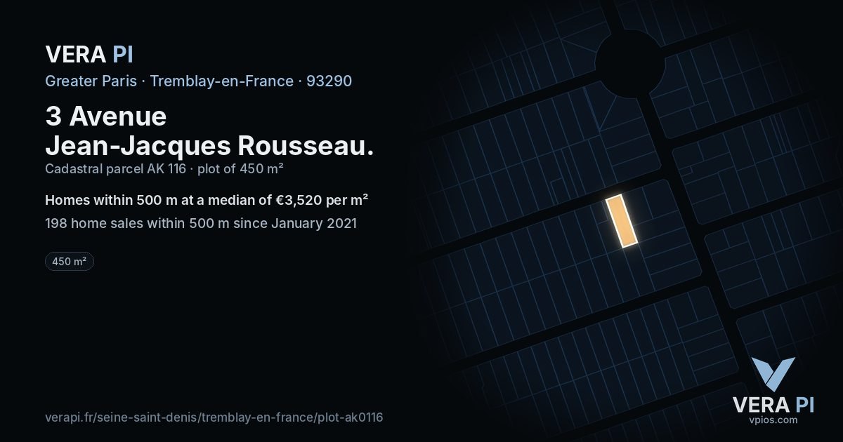 3 Avenue Jean-Jacques Rousseau, Tremblay-en-France at night – the plot lit, the parcels around coloured by the prices near them