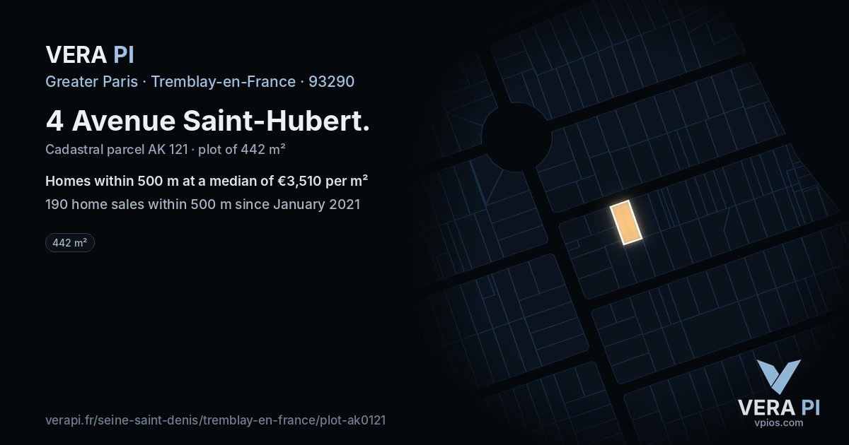 4 Avenue Saint-Hubert, Tremblay-en-France at night – the plot lit, the parcels around coloured by the prices near them