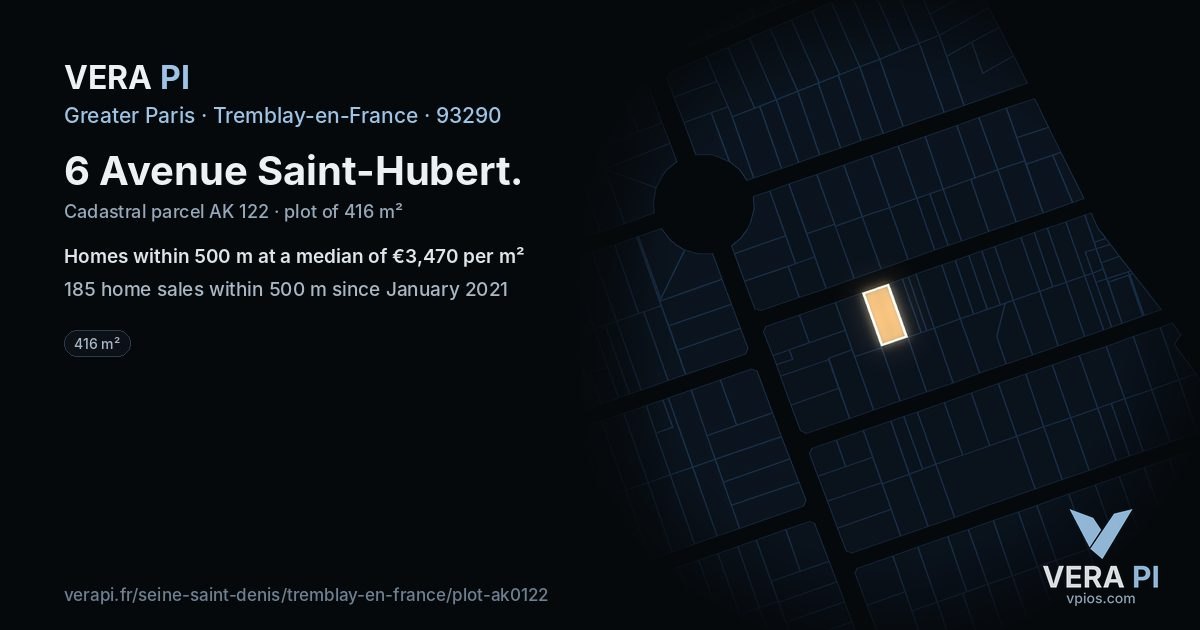 6 Avenue Saint-Hubert, Tremblay-en-France at night – the plot lit, the parcels around coloured by the prices near them